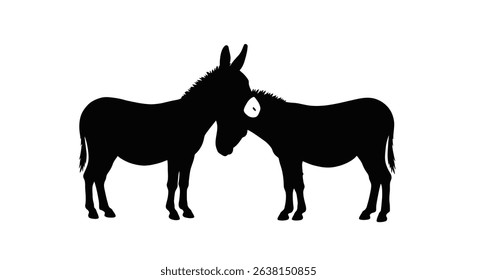 Black Silhouette Icon a Pair of Donkeys Standing Close Together, One Nuzzling the Other