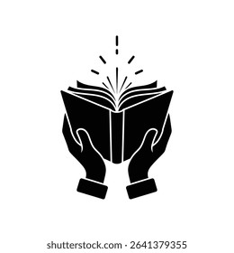 Black Silhouette Icon a Pair of Hands Holding an Open Book With a Glowing Light Emerging From the Pages, Representing Knowledge and Hope