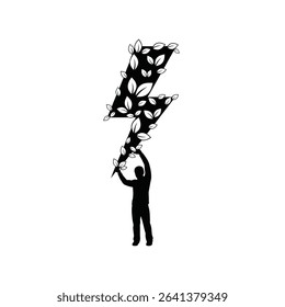 Black Silhouette Icon a Person Holding a Large Lightning Bolt Composed of Leaves, Representing Renewable Electricity
