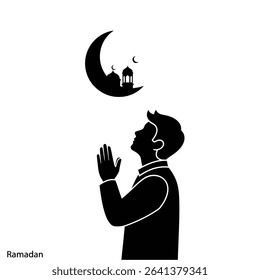 Black Silhouette Icon a Person Looking up at the Crescent Moon With Hands Clasped in Gratitude, Symbolizing the Beginning of Ramadan 