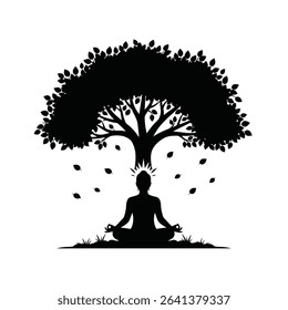 Black Silhouette Icon a Person Meditating Under a Bodhi Tree With Falling Leaves, Symbolizing Peace and Inner Awareness 