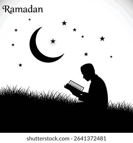 Black Silhouette Icon a Person Peacefully Reading the Quran Under a Crescent Moon With Stars, Symbolizing Devotion During Ramadan