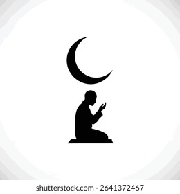 Black Silhouette Icon a Person Raising Hands in Du'a Beneath a Crescent Moon, Symbolizing Prayer and Reflection During Ashura