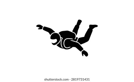 A black silhouette icon of a person skydiving in a stable freefall position against a white background