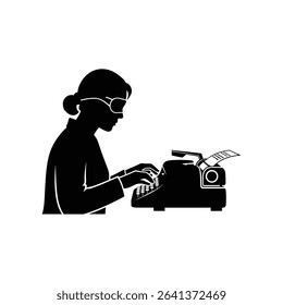 Black Silhouette Icon a Person Using a Braille Typewriter With Focus and Care
