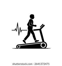 Black Silhouette Icon a Person Walking on a Treadmill With a Heartbeat Line in the Background, Representing Healthy Lifestyle for Diabetes Control