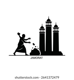 Black Silhouette Icon a Pilgrim Casting Stones at the Jamarat Pillars, Symbolizing the Ritual of Stoning the Devil
