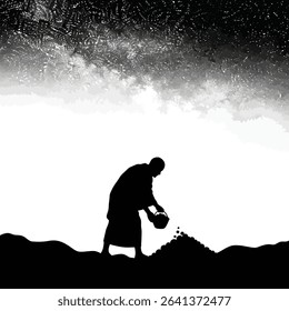 Black Silhouette Icon a Pilgrim Collecting Pebbles at Muzdalifah Beneath a Starlit Sky, Representing the Sacred Rites