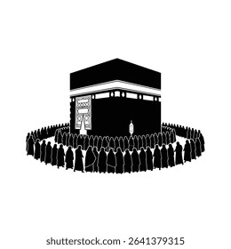 Black Silhouette Icon Pilgrims Performing Tawaf, Circling the Kaaba in Unison, Symbolizing Unity and Devotion