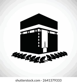 Black Silhouette Icon Pilgrims Performing Tawaf, Circling the Kaaba in Unison, Symbolizing Unity and Devotion