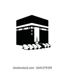 Black Silhouette Icon Pilgrims Performing Tawaf, Circling the Kaaba in Unison, Symbolizing Unity and Devotion