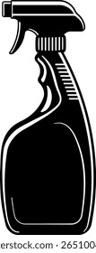 Black silhouette icon of plastic spray bottle with trigger, container for household cleaning products, without background