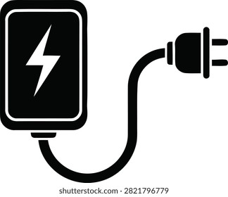 Black silhouette icon of a power adapter or wall charger with a cord and electric plug, featuring a lightning bolt symbol, isolated on white background.