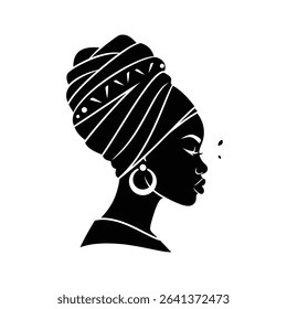 Black Silhouette Icon a Profile of an African Woman Wearing an Elaborate Headwrap With a Calm Expression, Symbolizing Heritage and Dignity