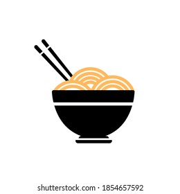 Black silhouette icon with ramen noodle, bowl and pair of chopsticks. Vector illustration in flat style on white background