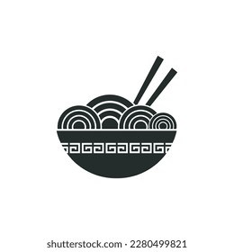 Black silhouette icon with ramen noodles, a bowl and a pair of chopsticks