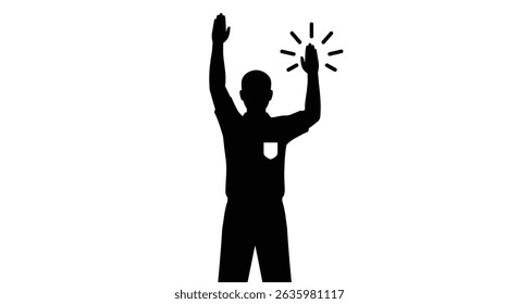 Black Silhouette Icon A referee signaling ippon with one arm raised, in a minimalistic silhouette style on a white background