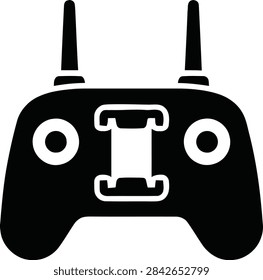 A black silhouette icon of a remote controller with two antennas, representing a transmitter for drones, gaming, or other remote-operated electronic devices.