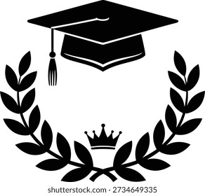 A black silhouette icon representing academic excellence, featuring a graduation cap, a laurel wreath, and a small crown. A symbol of educational achievement and honor.