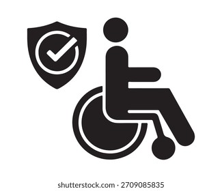 Icono de silueta negra que representa un seguro de discapacidad o protección para una persona que usa una silla de ruedas, con un escudo con una marca de verificación para seguridad y cobertura confirmadas.