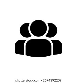 Schwarzes Silhouettensymbol, das eine Gruppe von drei Personen darstellt und Benutzer, Team oder Community-Interaktion symbolisiert.