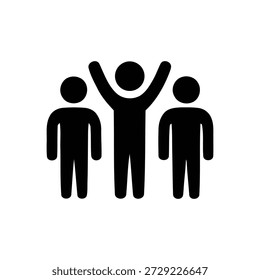 Schwarzes Silhouettensymbol, das eine Gruppe von drei Personen darstellt, wobei die zentrale Figur beide Arme in einer Geste des Sieges, der Freude oder des Erfolges erhebt und Erfolg und Einheit symbolisiert.