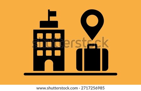 A black silhouette icon representing hotel accommodation, luggage, and a location pin for travel