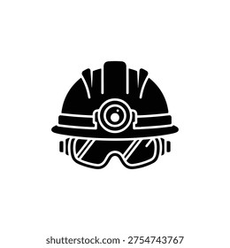 A black silhouette icon representing a mining hard hat with a mounted lamp and safety goggles below isolated on white background, Vector, illustration