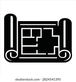A black silhouette icon representing a rolled construction blueprint plan for architecture and engineering design