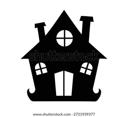 A black silhouette icon representing a spooky, crooked haunted house with multiple windows and chimneys, perfect for halloween decoration or scary theme.