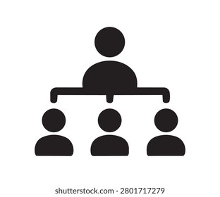 A black silhouette icon representing teamwork, showing a leader figure with three subordinate team members on a white background.