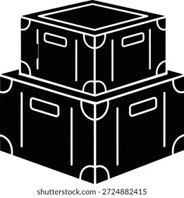 Icono de silueta negra que representa dos cajas de almacenamiento apiladas, listas para el transporte o el almacenamiento