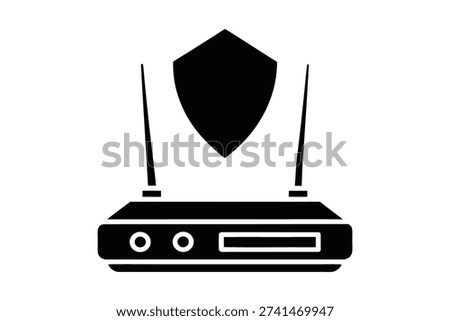 A black silhouette icon representing a wireless router. The router has two antennas extending upwards. Centered above the router is a shield symbol, indicating security or protection. The icon is presented on a white background, symbolizing network security, internet protection, or secure wireless connections.
