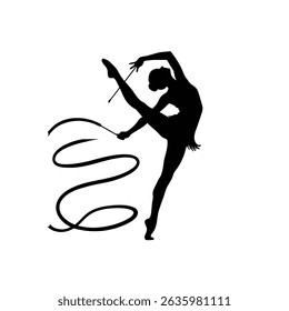 Ícone de silhueta preta Um ginasta rítmico girando uma fita em um arco elegante, em um estilo de silhueta minimalista em um fundo branco