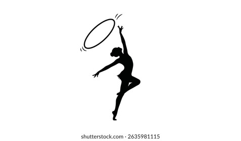Ícone de silhueta preta Um ginasta rítmico jogando um aro no ar, em um estilo de silhueta minimalista em um fundo branco 