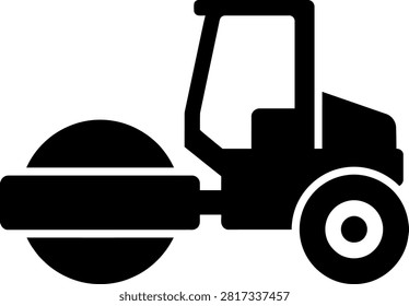 Black silhouette icon of a road roller for construction and paving with heavy duty construction compactor machinery equipment
