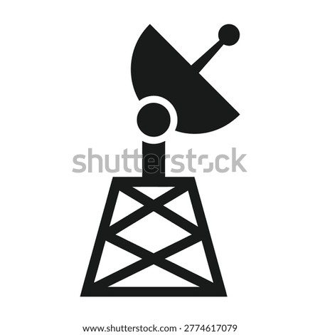 Black silhouette icon of a satellite dish antenna on a tower structure isolated on a white background. Perfect for telecommunications, internet, and broadcast media.