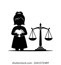 Black Silhouette Icon a Scale of Justice Beside a Girl Holding a Heart, Symbolizing Legal Protection and Human Dignity