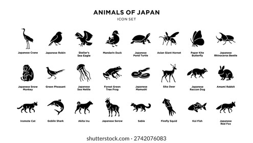 Black silhouette icon set of animals of japan with labeled species on white background, including birds, insects, mammals, reptiles, fish and sea life, minimalist vector style.