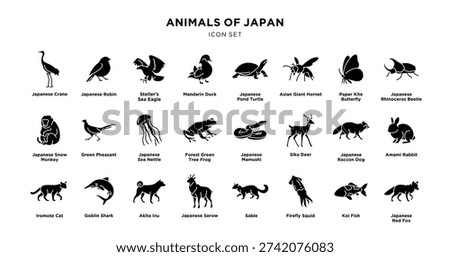 Black silhouette icon set of animals of japan with labeled species on white background, including birds, insects, mammals, reptiles, fish and sea life, minimalist vector style.