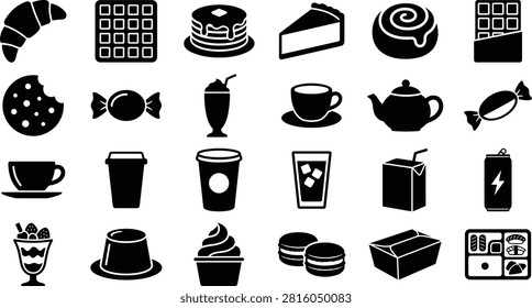 Black silhouette icon set of cafe beverages, bakery desserts, and sweet treats for menu design