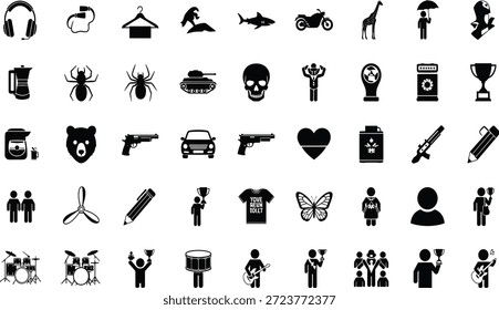 Conjunto de iconos de silueta negra con personas, objetos, animales, música, armas, deportes, símbolos de estilo de vida y actividades cotidianas aisladas sobre fondo blanco