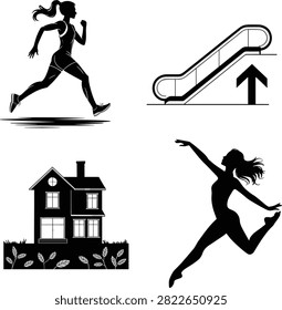 Black silhouette icon set featuring a running woman escalator with arrow house building and jumping female dancer