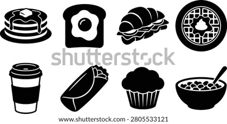 Black silhouette icon set featuring popular breakfast foods including pancakes, toast with egg, croissant sandwich, waffle, coffee, burrito, muffin, and cereal bowl. Perfect for restaurant menus, food blogs, cafe branding, mobile apps, and breakfast-themed designs.