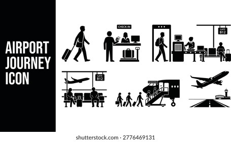 A black silhouette icon set illustrating various stages of an airport journey, from check-in to boarding and flight departure.