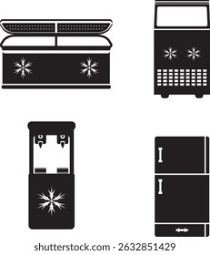 Black silhouette icon set of refrigeration appliances: freezer, ice maker, water cooler, and refrigerator. Clean, minimal style perfect for appliance, kitchen, or utility-themed projects.