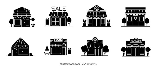 Black Silhouette Icon Set for Small Business Buildings, Online Shop, Bar, Pharmacy, Salon, Kiosk, Fair in a Vector Isolated