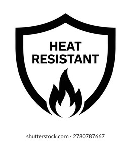 Black silhouette icon of a shield with a flame, indicating heat resistance and safety precautions.