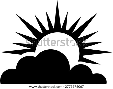 Black silhouette icon of a shining sun rising behind a fluffy cloud representing weather forecast or morning climate concept in simple style Vector, illustration