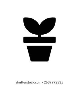 Black silhouette icon showing a potted plant with a square pot and rounded leaves, set against a white background. Symbolizing growth, nature, and simple design aesthetics.